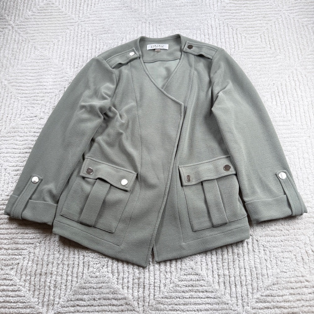 Kasper Open Front Utility Jacket Womens Medium Sage Green Military Utility Work